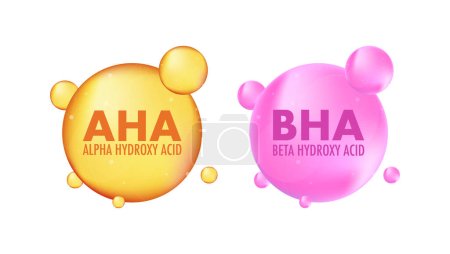 AHA y BHA. Ácido alfa hidroxi y ácido beta hidroxi. Dérmica y belleza. Ilustración de stock vectorial