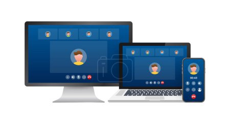Illustration for Incoming video call on laptop. Laptop with incoming call, man profile picture and accept decline buttons. Vector stock illustration - Royalty Free Image