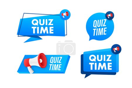 Megaphone label set with text Quiz time. Megaphone in hand promotion banner. Marketing and advertising. Vector illustration