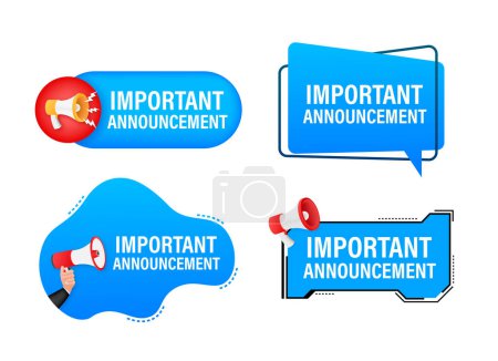 Illustration for Megaphone label set with text important announcement. Megaphone in hand promotion banner. Marketing and advertising. Vector illustration - Royalty Free Image