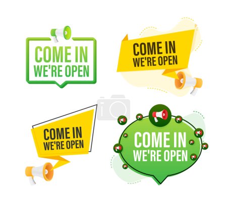 Megaphone label set with text come in we are open. Megaphone in hand promotion banner. Marketing and advertising. Vector illustration