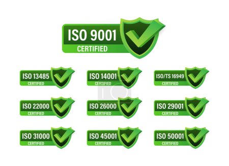 Ilustración de Conjunto de sellos y etiquetas de certificación ISO. Insignia certificada ISO. Gestión de seguridad de la información. Ilustración vectorial - Imagen libre de derechos