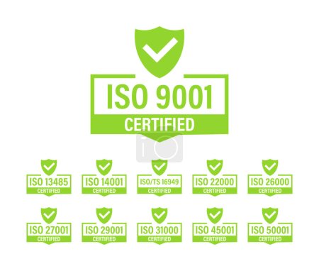 Téléchargez les illustrations : Série de timbres et étiquettes de certification ISO. Badge certifié ISO. Gestion de la sécurité des informations. Illustration vectorielle - en licence libre de droit