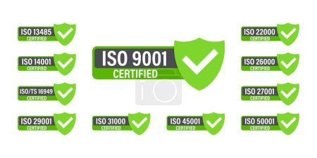 Ilustración de Conjunto de sellos y etiquetas de certificación ISO. Insignia certificada ISO. Gestión de seguridad de la información. Ilustración vectorial - Imagen libre de derechos