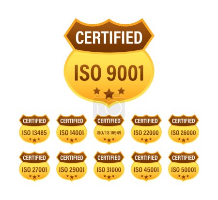 Téléchargez les illustrations : Série de timbres et étiquettes de certification ISO. Badge certifié ISO. Gestion de la sécurité des informations. Illustration vectorielle - en licence libre de droit