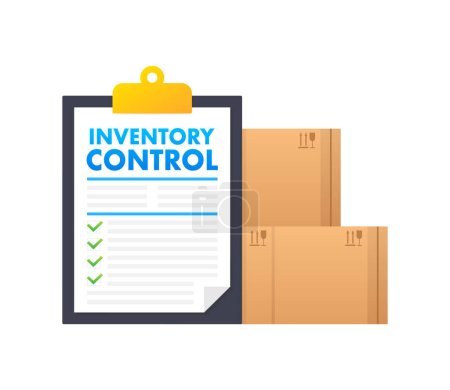 Illustration for Clipboard with text Inventory Control near the boxes. Inventory management. Vector illustration - Royalty Free Image