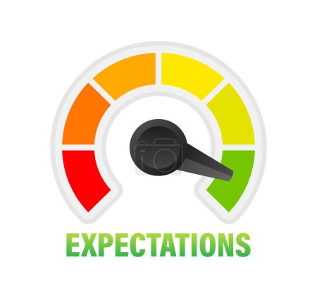 Illustration for Expectations Level Meter, measuring scale. Expectations speedometer indicator. Vector illustration - Royalty Free Image