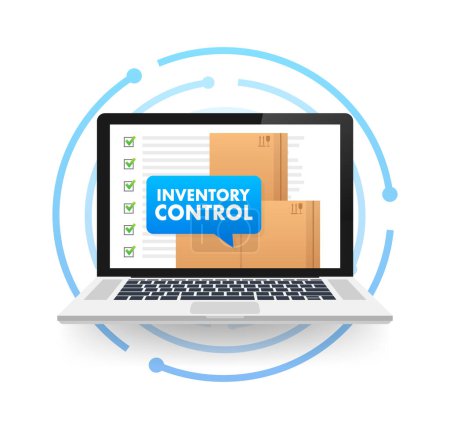 Illustration for Laptop with a box on the screen with text Inventory Control on Speech Bubble. Inventory Management. Vector illustration - Royalty Free Image