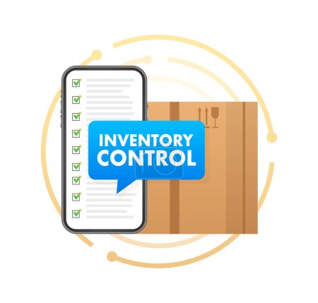 Smartphone with a box on the screen with text Inventory Control on Speech Bubble. Inventory Management. Vector illustration