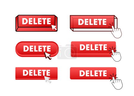 Illustration for Delete Button with pointer clicking. Delete web buttons set. User interface element in flat style. Vector stock illustration - Royalty Free Image