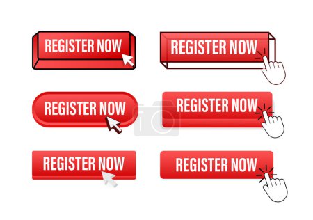 Illustration for Register now Button with pointer clicking. Register now web buttons set. User interface element in flat style. Vector illustration - Royalty Free Image