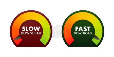 Illustration for Internet Speedometer Concept with Slow and Fast Download Indicators, Vector Illustration for Web Performance and Bandwidth Measurement. - Royalty Free Image
