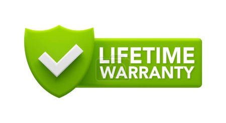 Téléchargez les illustrations : Lifetime Warranty Guarantee Badge - Green Shield with Checkmark for Product Assurance. - en licence libre de droit