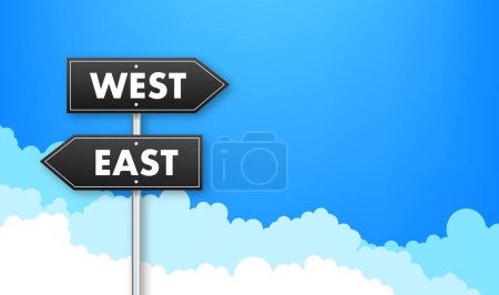 Téléchargez les illustrations : Directional Signposts for East and West with Blue Sky and Clouds Background, Vector Illustration for Travel and Navigation Concepts. - en licence libre de droit