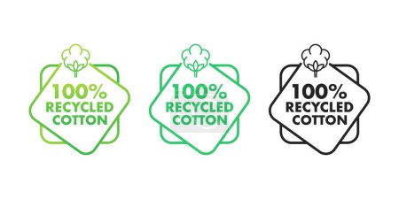 Illustration for Vector tags for 100 recycled cotton with a cotton plant icon, showcasing sustainable fabric and eco-friendly fashion. - Royalty Free Image