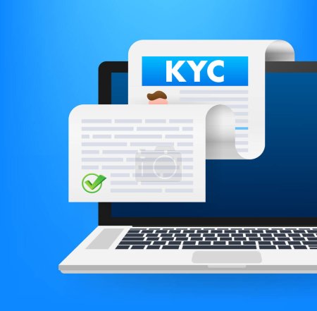 Illustration for Know Your Customer KYC Compliance Vector Illustration with Verified Document on Laptop Screen for Secure Online Verification Process. - Royalty Free Image