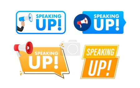 Speak up text with Megaphone label set. Megaphone in hand promotion banner. Marketing and advertising.