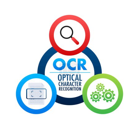 OCR - Optical character recognition. Document scan. Process of recognizing document. Vector stock illustration.