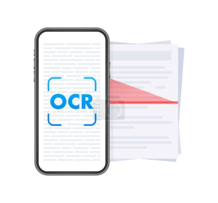OCR - Optical character recognition. Document scan. Process of recognizing document. Vector stock illustration.