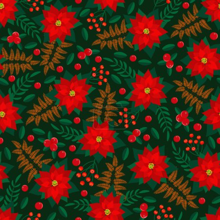 Photo for Seamless floral pattern-158. Christmas colourful pattern with red poinsettia, berries, leaves, green background. - Royalty Free Image