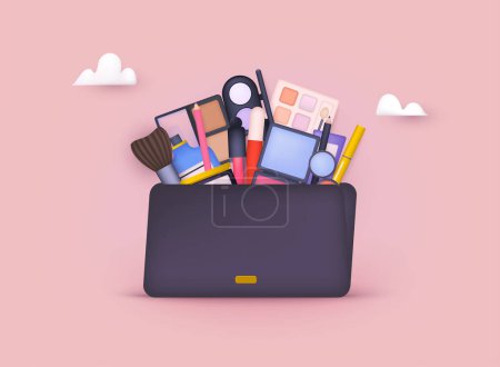 Photo for Cosmetic bag with makeup stuff. Beauty style isolated on white background. 3D Web Illustrations. - Royalty Free Image