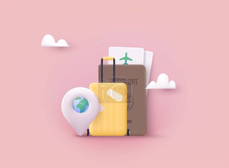 Zeit zu reisen. Reisebanner mit Reisepass, Fahrkarte, Reisetasche. 3D Web Vector Illustrationen.