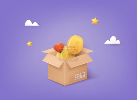 Illustration for Donation Box with golden coin, money and heart. Donation and charity concept. 3D Web Vector Illustrations. - Royalty Free Image