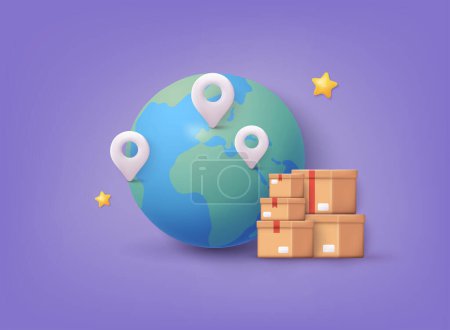 Illustration for Pile of stacked sealed goods cardboard boxes. Map with delivery tracking. GPS navigator pointer. 3D Vector Illustrations. - Royalty Free Image