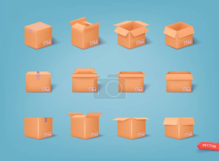 Illustration for White 3d boxes set isolated on a blue background. Different shape cartoon boxes. Vector decoration element. 3D Web Vector Illustrations. - Royalty Free Image