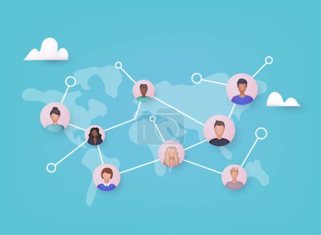 Concepto de trabajo en red. Contactos sociales de personas conectadas por nodos y líneas. Ilustraciones de vectores web 3D.