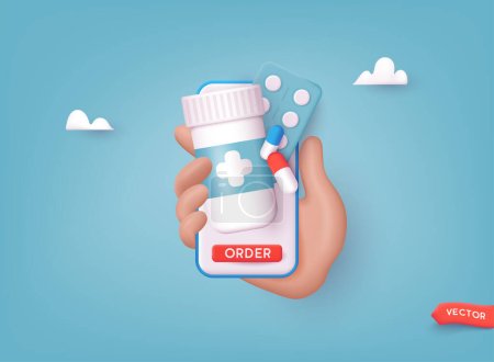 Human hand holding mobile phone for medicine online payment. Home delivery pharmacy service. 3D Web Vector Illustration.