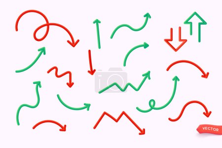 Illustration for Set of hand drawn 3d style arrow. Red and green. 3D Web Vector Illustrations. - Royalty Free Image
