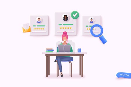 Illustration for HR Manager working at desk, searching new employee. Business woman choosing best candidate for job. 3D Web Vector Illustrations. - Royalty Free Image