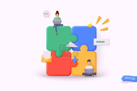 Illustration for Business concept. Team metaphor. people connecting puzzle elements. 3D Web Vector Illustrations. - Royalty Free Image