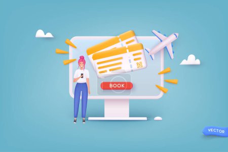 Illustration for Online booking ticket. Tourism and travel planning a summer vacation concept. 3D Web Vector Illustrations. - Royalty Free Image