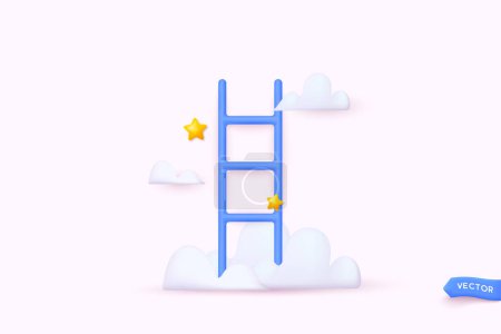Illustration for Ladder, clouds and stars. 3d decorative design objects in Trendy colors. 3D Web Vector Illustrations. - Royalty Free Image