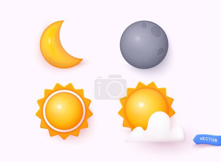 Ilustración de Icono aislado de sol y luna, media luna. Render de estrella y planeta, luna gris llena y sol amarillo con nube. Ilustraciones vectoriales 3D. - Imagen libre de derechos