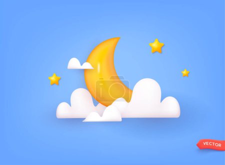 Illustration for Crescent moon, golden stars and white clouds 3d style isolated on blue background. 3D Vector Web llustrations. - Royalty Free Image