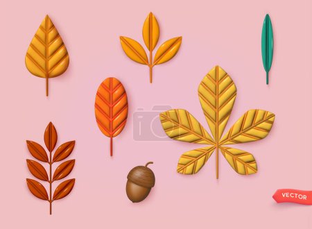 Téléchargez les illustrations : Collection de feuilles d'automne 3d multicolores tombées isolées sur fond blanc. Ilustrations Web vectorielles 3D. - en licence libre de droit