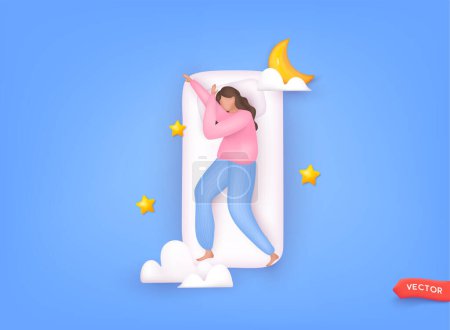 Woman sleeping at night in her bed. Healthcare, self care poster. Sweet dream concept. Advert of mattress. 3D Web Vector Illustrations.