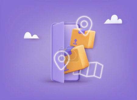 Illustration for Online delivery service concept, online order tracking, delivery home and office. 3D Vector Illustrations. - Royalty Free Image