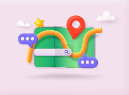 Illustration for 3D vector map icon with pin pointer and search bar. 3D Vector Illustrations. - Royalty Free Image