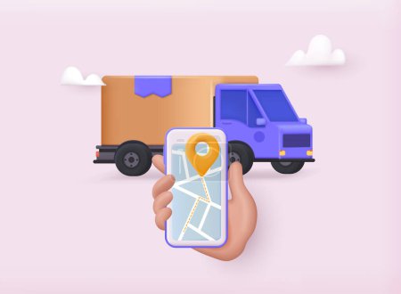 Illustration for Hand holding phone with tracking delivery app. Online delivery service concept, online order tracking, delivery home and office. 3D web Vector Illustrations. - Royalty Free Image