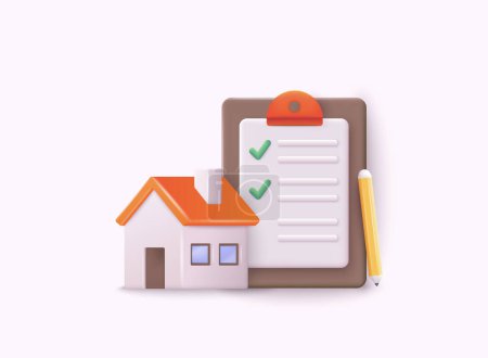 Illustration for Choosing and searching for a house. House and clipboard. Mortgage, home checklist icon concept isolated on white background. 3D Web Vector Illustrations. - Royalty Free Image
