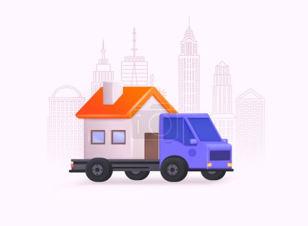 Ilustración de Concepto de servicio móvil. Camión en movimiento con casa. Ilustraciones de vectores web 3D. - Imagen libre de derechos
