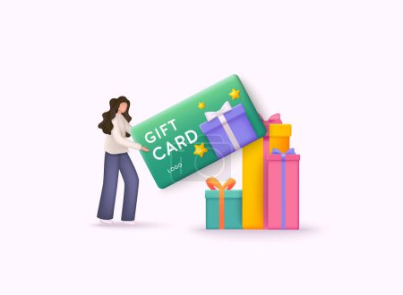 Illustration for Woman holding 3d card. Shopping discount certificate for customers. Loyalty program, customer gift reward bonus card with illustration of 3d render. 3D Web Vector Illustrations. - Royalty Free Image