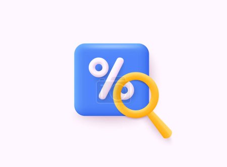 Illustration for Percent with magnificent glass. Interest low price 3d percent discount vector icon. 3D Web Vector Illustrations. - Royalty Free Image