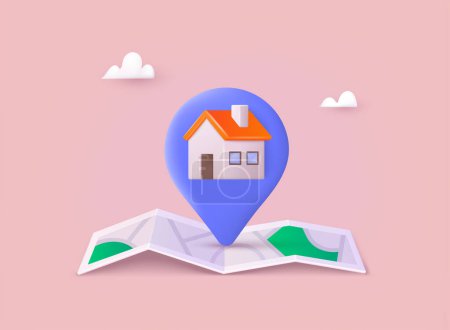 Illustration for House on a map. Render house for real estate, mortgage, loan concept and homepage. 3D Web Vector Illustrations. - Royalty Free Image