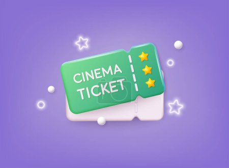 Illustration for 3D cinema movie ticket with minimal film theater play icon, ready for watch movie in theatre. 3D Web Vector Illustrations. - Royalty Free Image