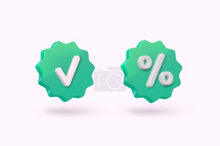Illustration for Label set with percent, check mark and discount. App icon. 3D Web Vector Illustrations. - Royalty Free Image